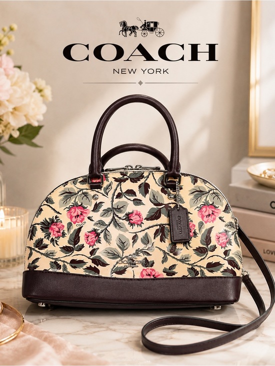 Coach Handbags - Coach Cream Floral Dome Satchel with Pink Roses and Brown Trim Patent & Leather